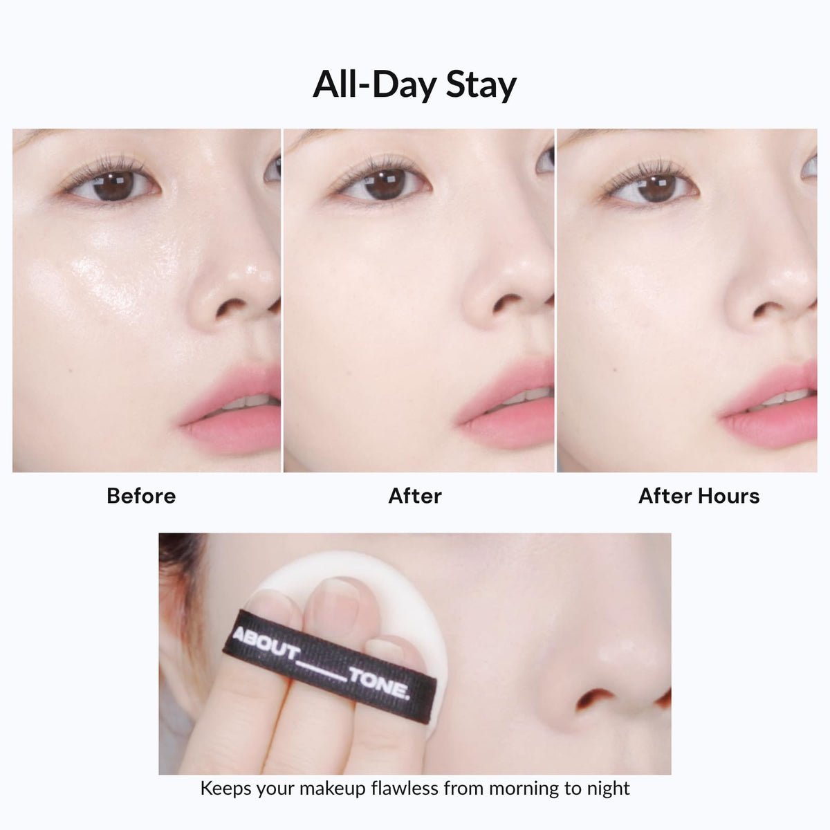 ABOUT TONE puff applying powder to T-zone demonstrating shine control