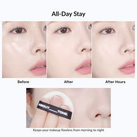 ABOUT TONE puff applying powder to T-zone demonstrating shine control
