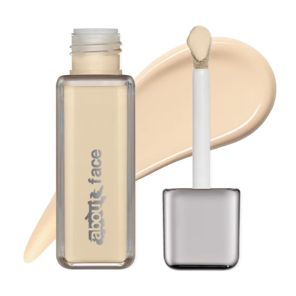 aboutface foundation front packaging showing label and shade F2Olive for quick identification and trust