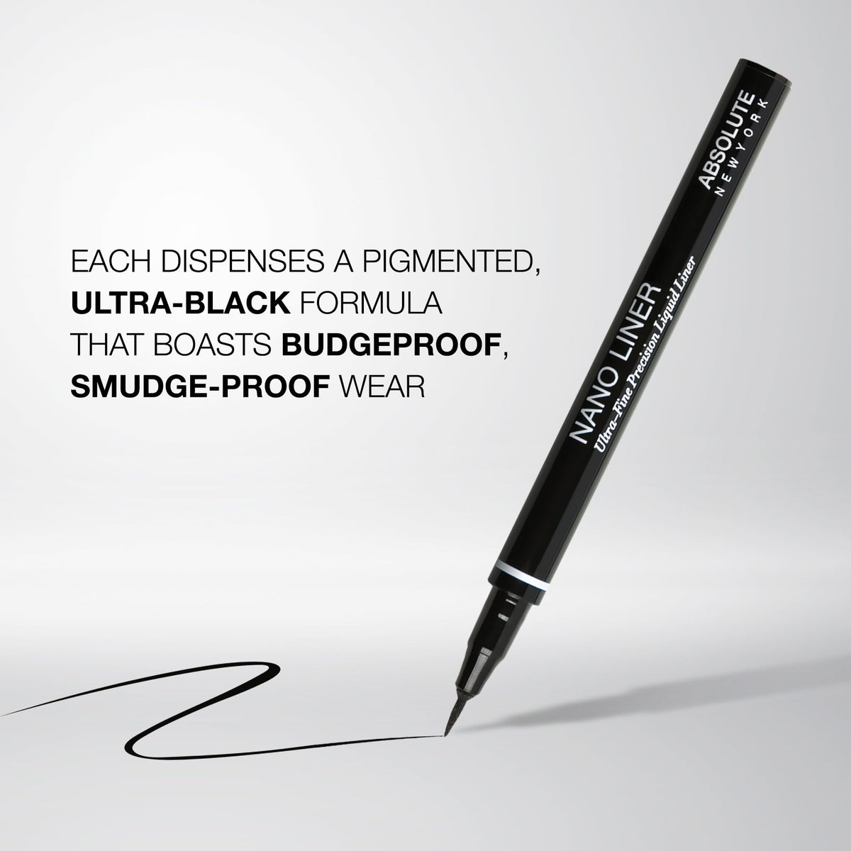 Absolute New York black eyeliner swatch on skin demonstrating intense pigment and buildable coverage benefit