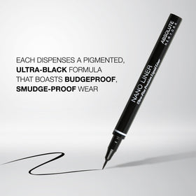 Absolute New York black eyeliner swatch on skin demonstrating intense pigment and buildable coverage benefit