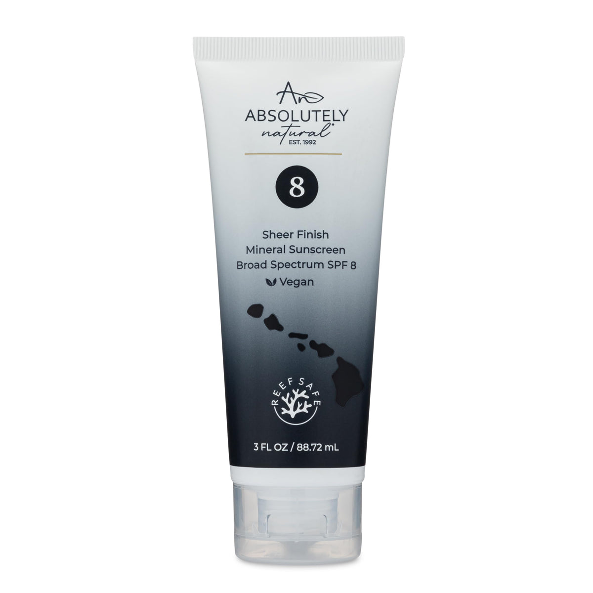 Absolutely Natural front tube showing SPF 8 and travel-friendly size