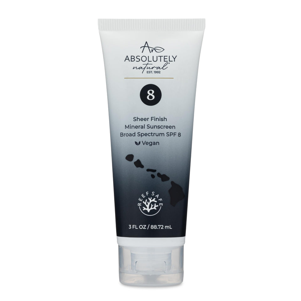 Absolutely Natural front tube showing SPF 8 and travel-friendly size