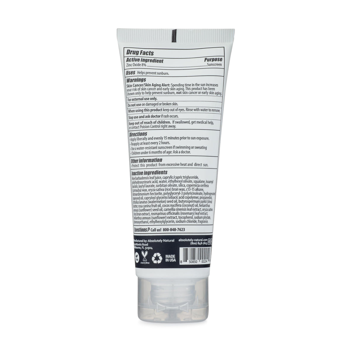 Back of Absolutely Natural packaging with directions and water-resistant note
