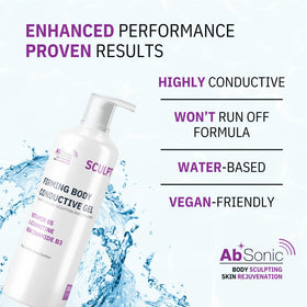 Absonic gel used with cavitation device on thigh for comfortable treatment