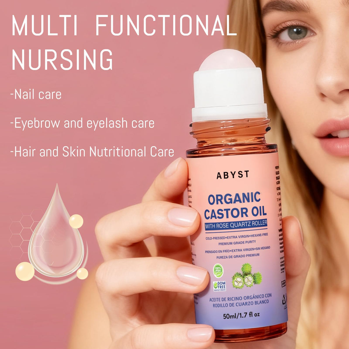 ABYST castor oil drop texture on fingertip showing pure, viscous hydration