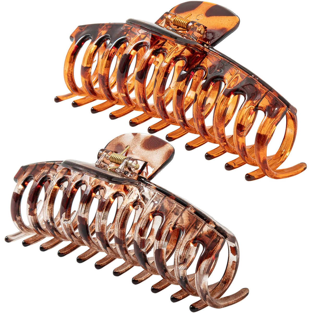 ACCGLORY front view of two light and coffee leopard jumbo clips showing secure styling benefit