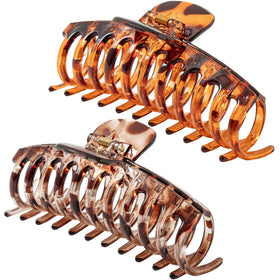 ACCGLORY front view of two light and coffee leopard jumbo clips showing secure styling benefit