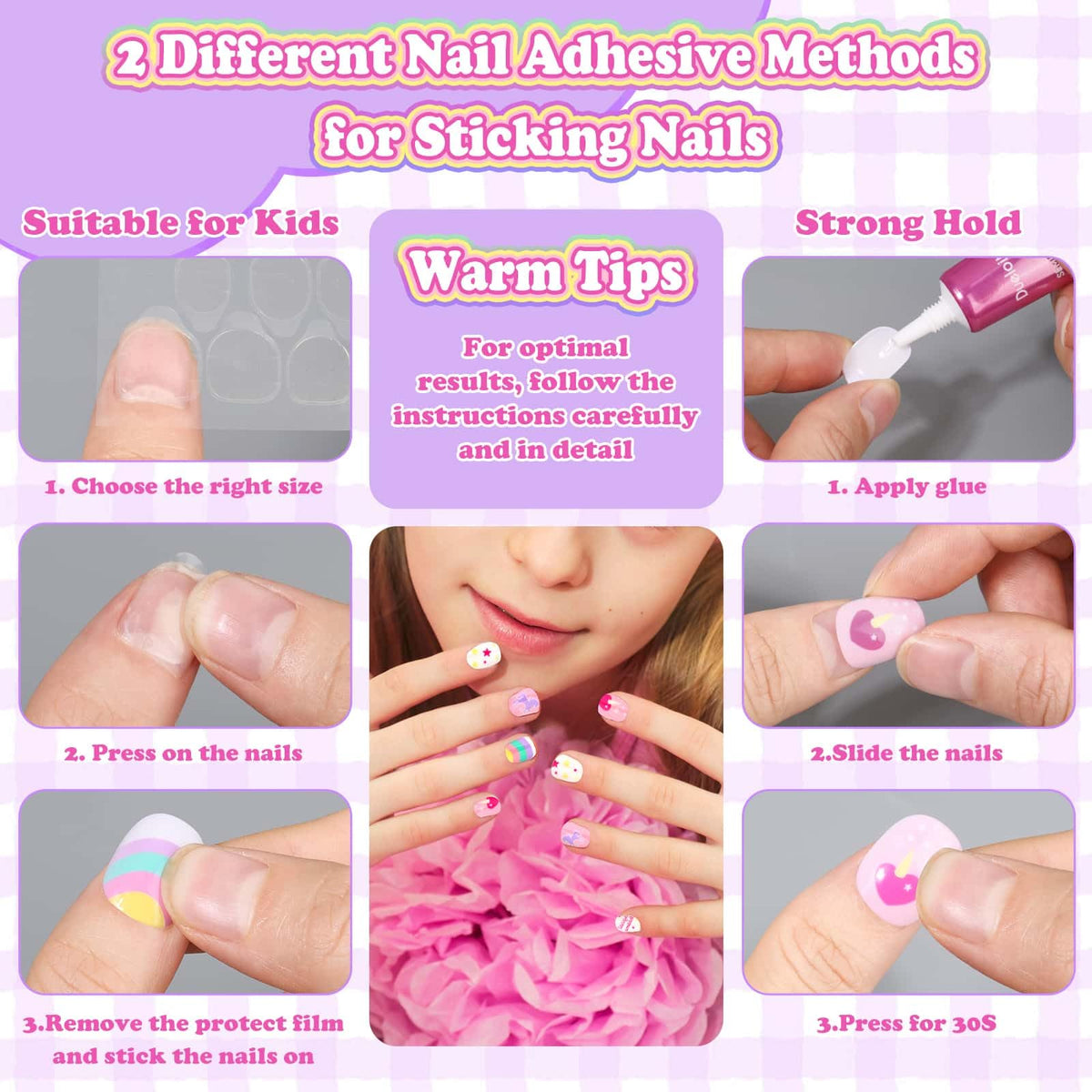 Acejoz child modeling press-on nails during playtime demonstrating fun, safe use