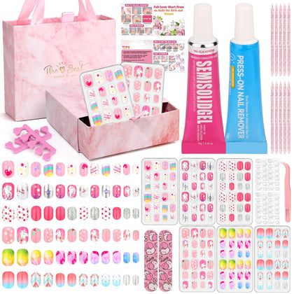 Acejoz front packaging showing complete 144-piece kids press-on nail kit, perfect gift