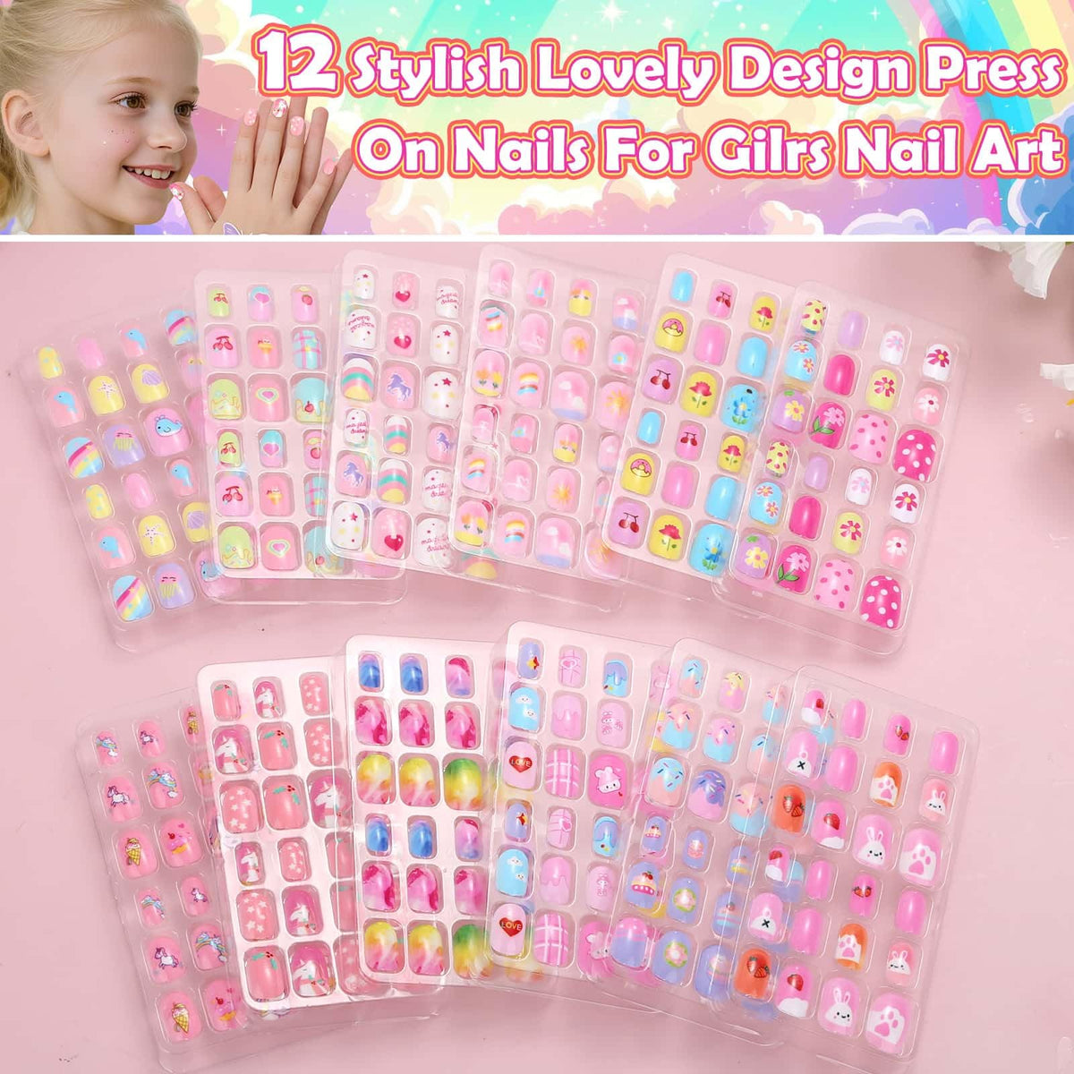 Acejoz display of 12 different nail patterns to inspire mix-and-match fun and outfit coordination