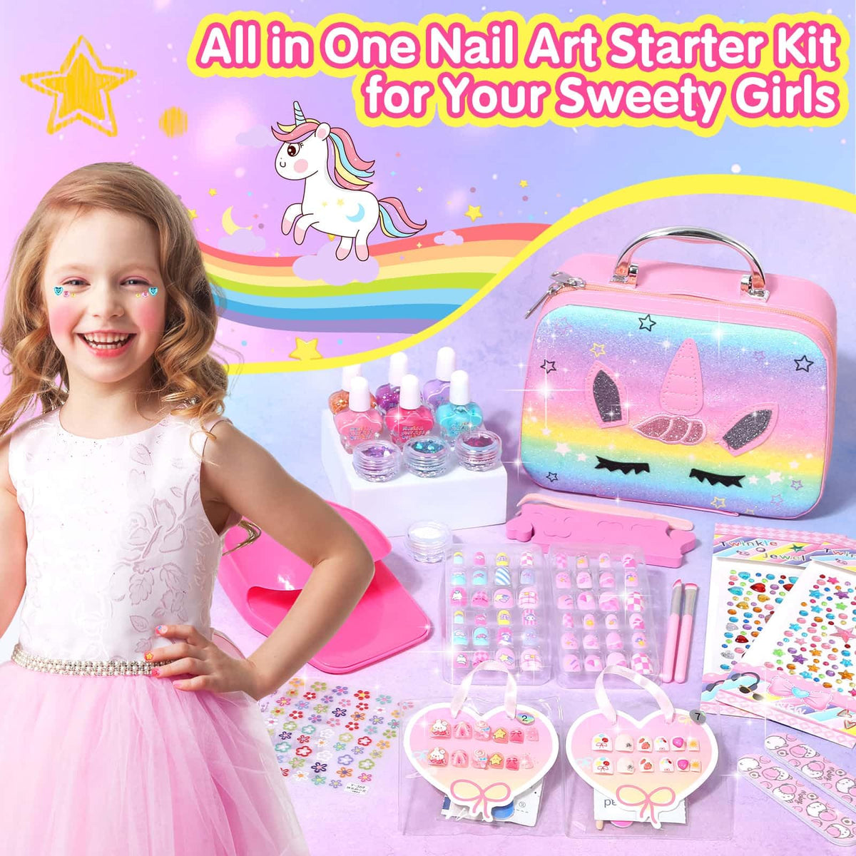 Acejoz press-on nails spread out displaying varied sizes and kid-friendly patterns