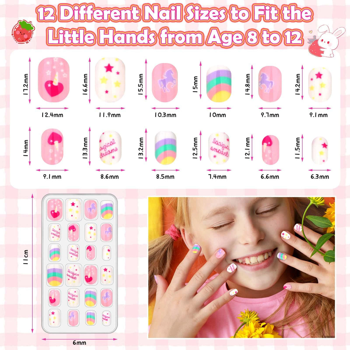 Acejoz layout of different nail sizes lined up to highlight fit options for children