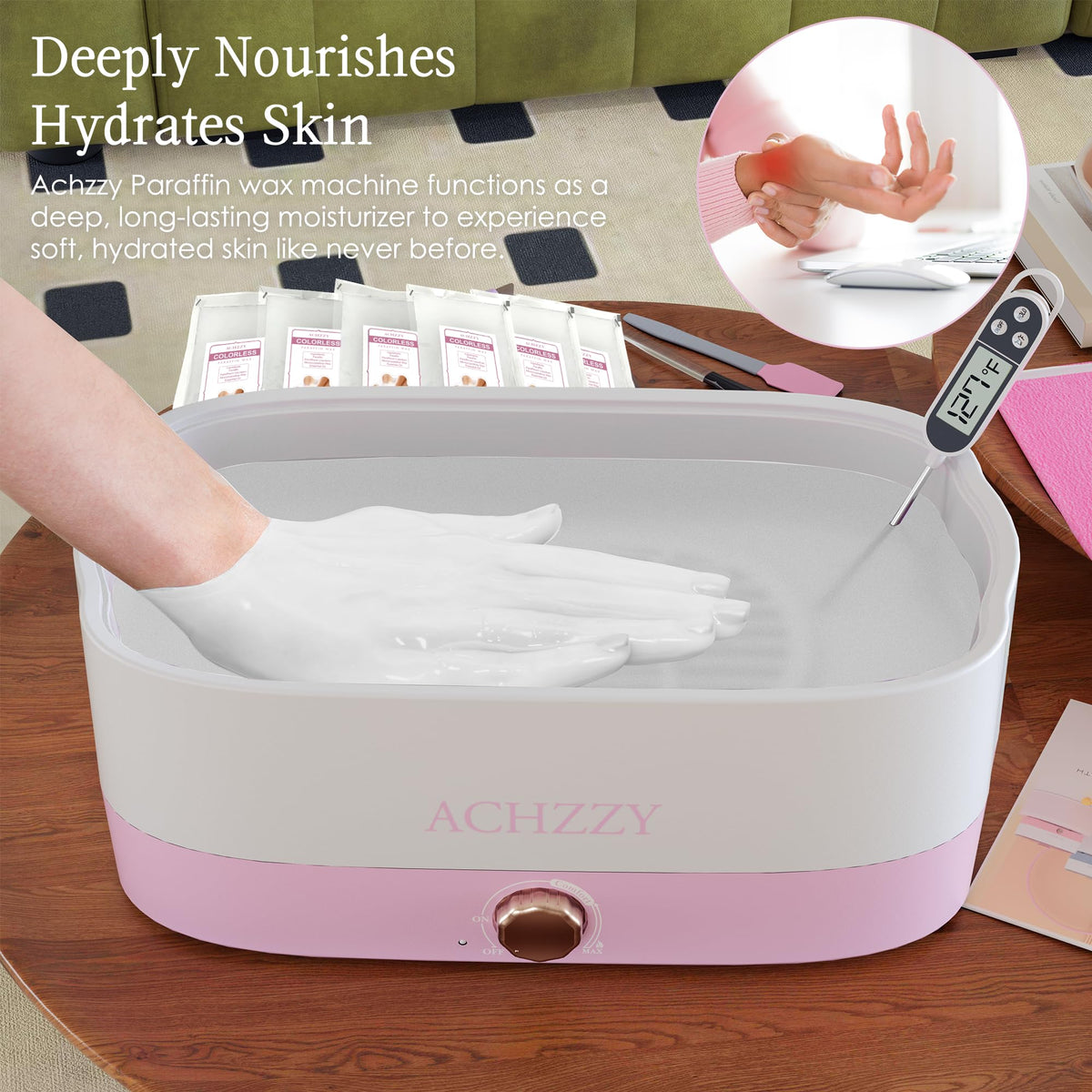 Foot treatment using Achzzy paraffin in a salon-style setting, showing professional finish