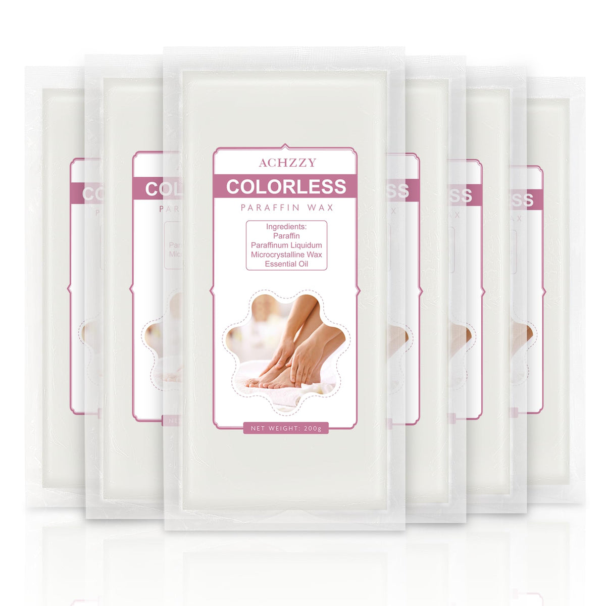 Achzzy front view of six unscented paraffin wax blocks, shows pack value and clarity