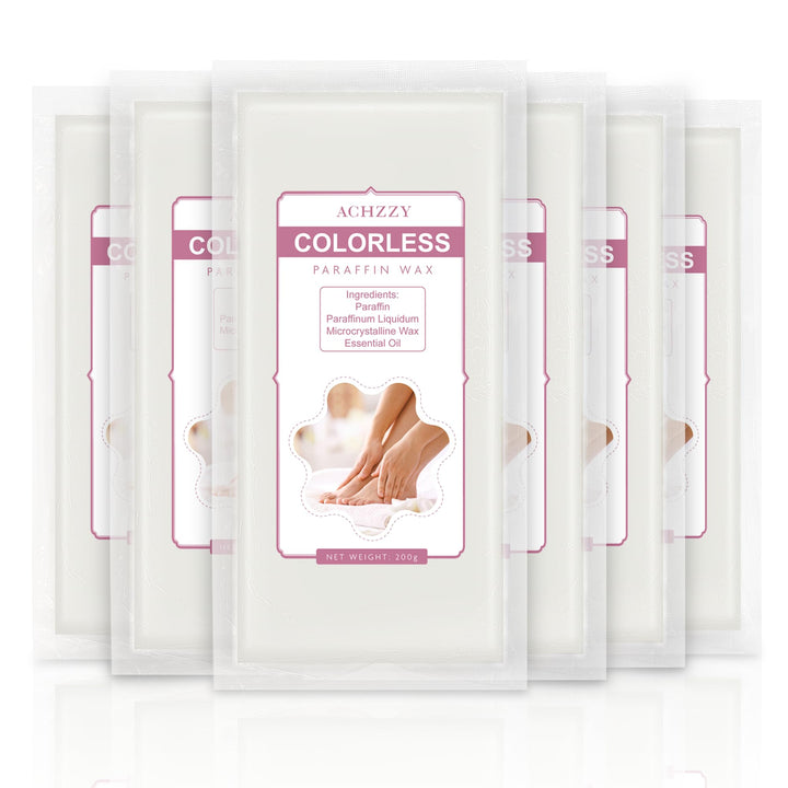 Achzzy front view of six unscented paraffin wax blocks, shows pack value and clarity