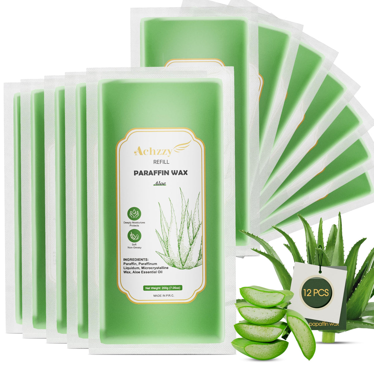Achzzy aloe wax front packaging showing 12-pack and benefits