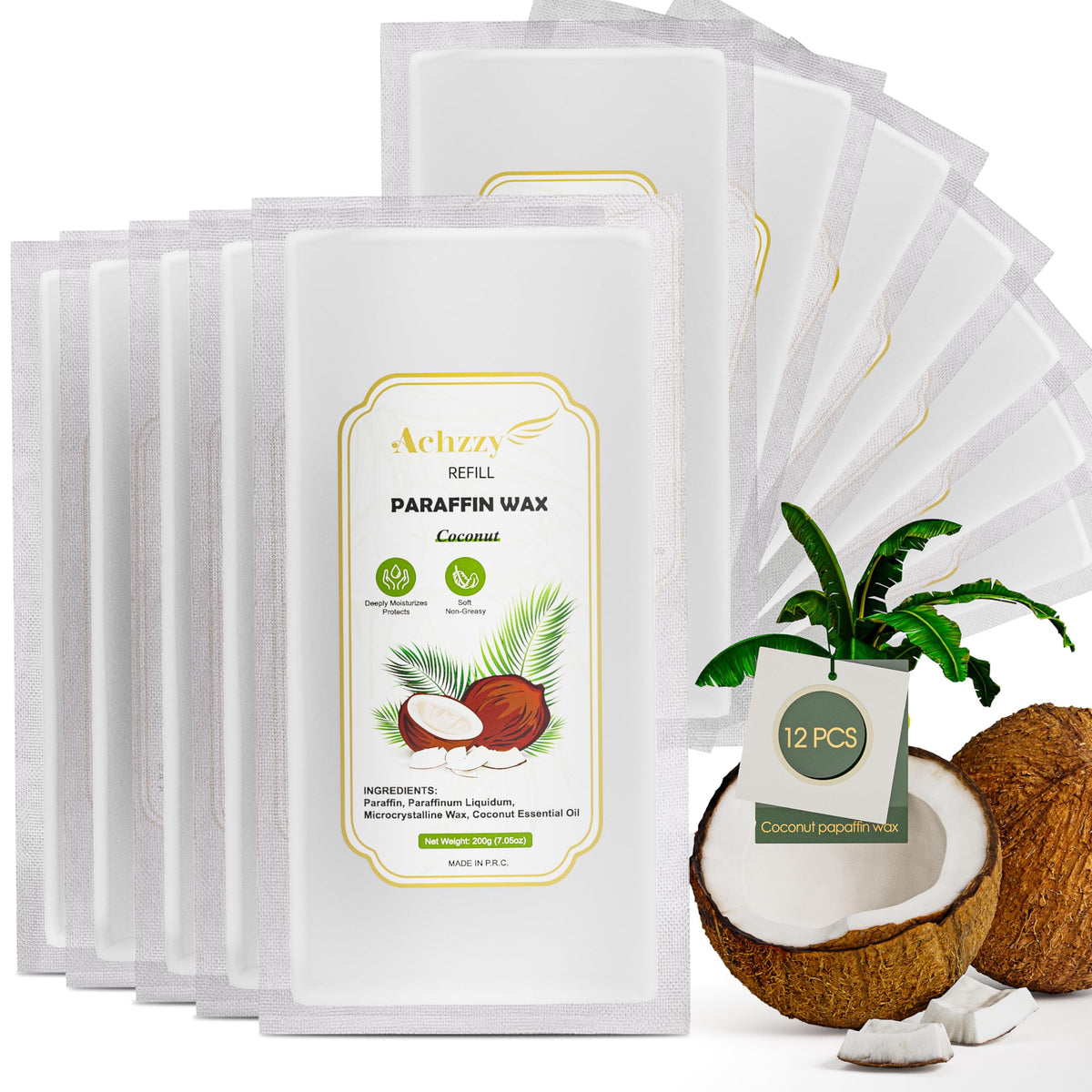 achzzy front packaging coconut paraffin showing 12-pack and scent benefit