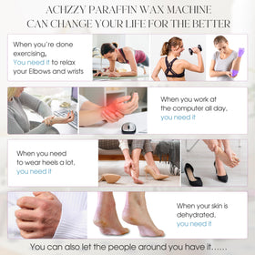 Achzzy user dipping hands into warm wax illustrating easy at-home moisturizing treatment
