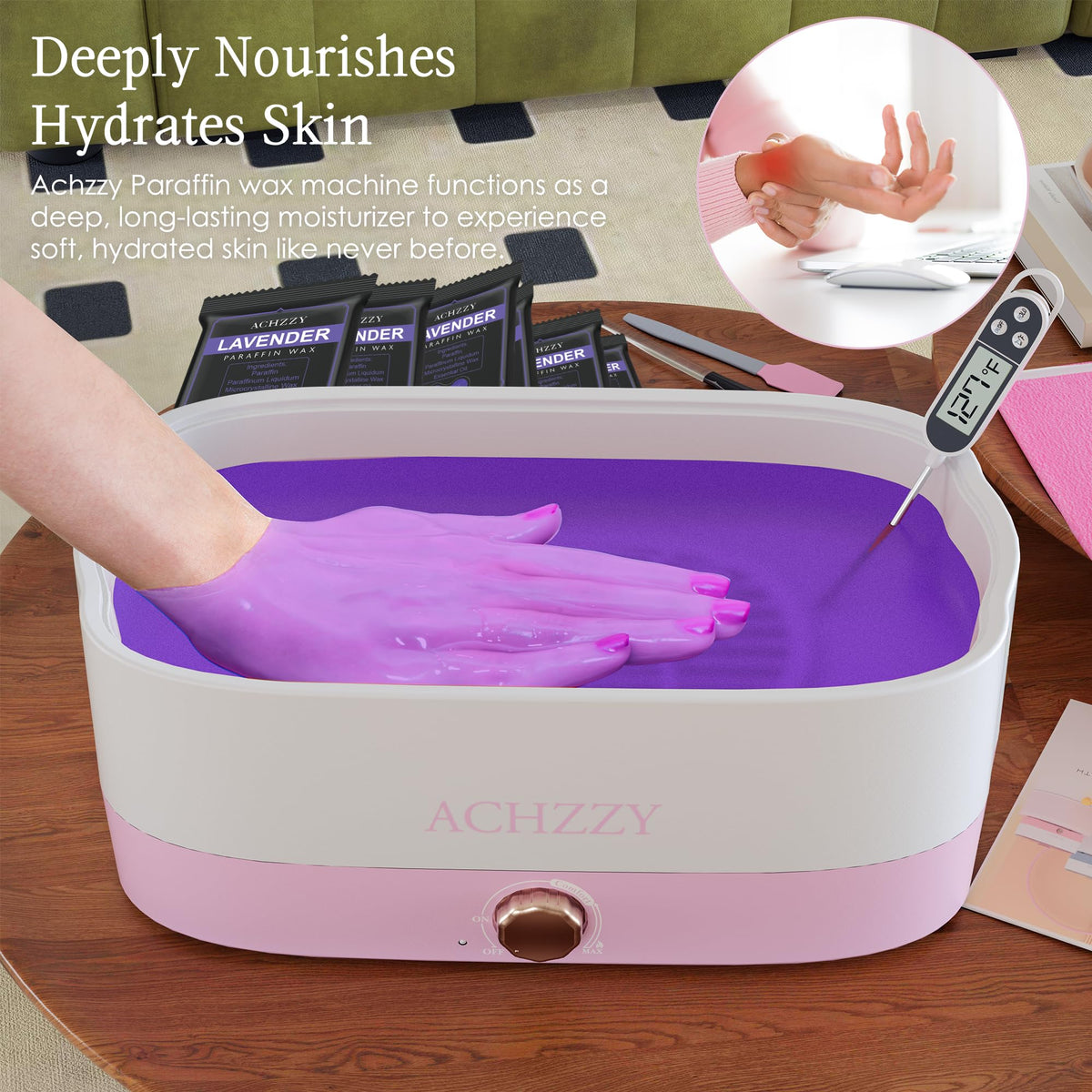 Achzzy hands dipping into wax showing easy at-home application