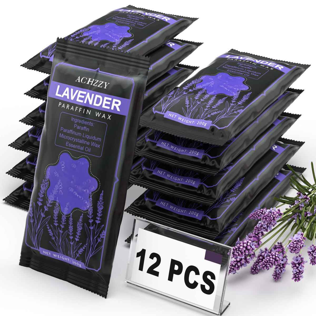 Achzzy lavender paraffin blocks front packaging showing 12-pack and benefits
