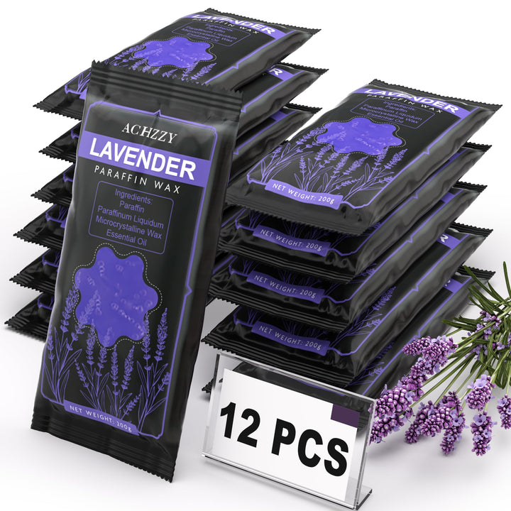 Achzzy lavender paraffin blocks front packaging showing 12-pack and benefits