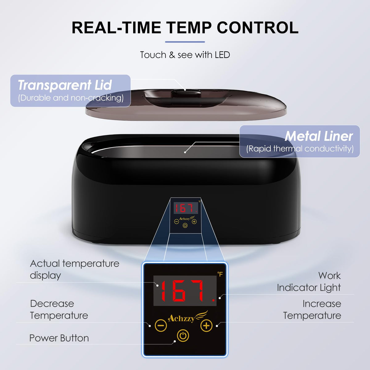 Achzzy LED display close-up showing temperature readout for precise control