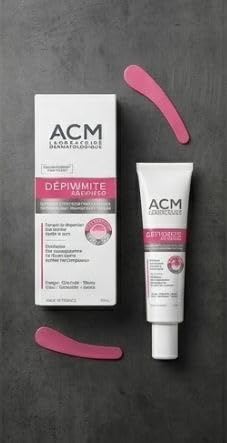 ACM Depiwhite label close-up showing active ingredients and ACM patent detail