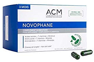 ACM Novophane front packaging showing bottle and label, supports hair and nail strength