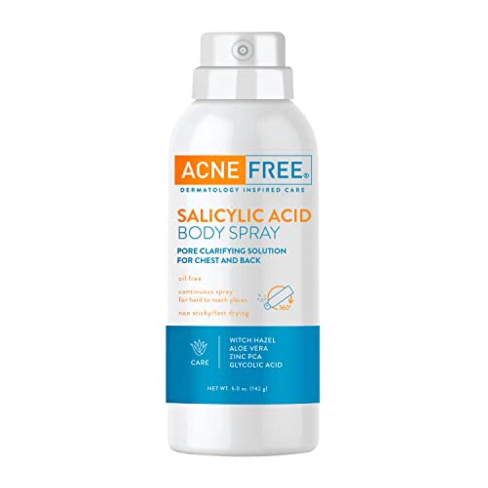 AcneFree front packaging showing bottle and label, clear product ID and benefit