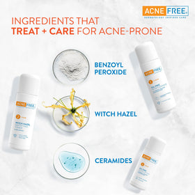 AcneFree oil-free cleanser being dispensed, clear foam for gentle cleansing