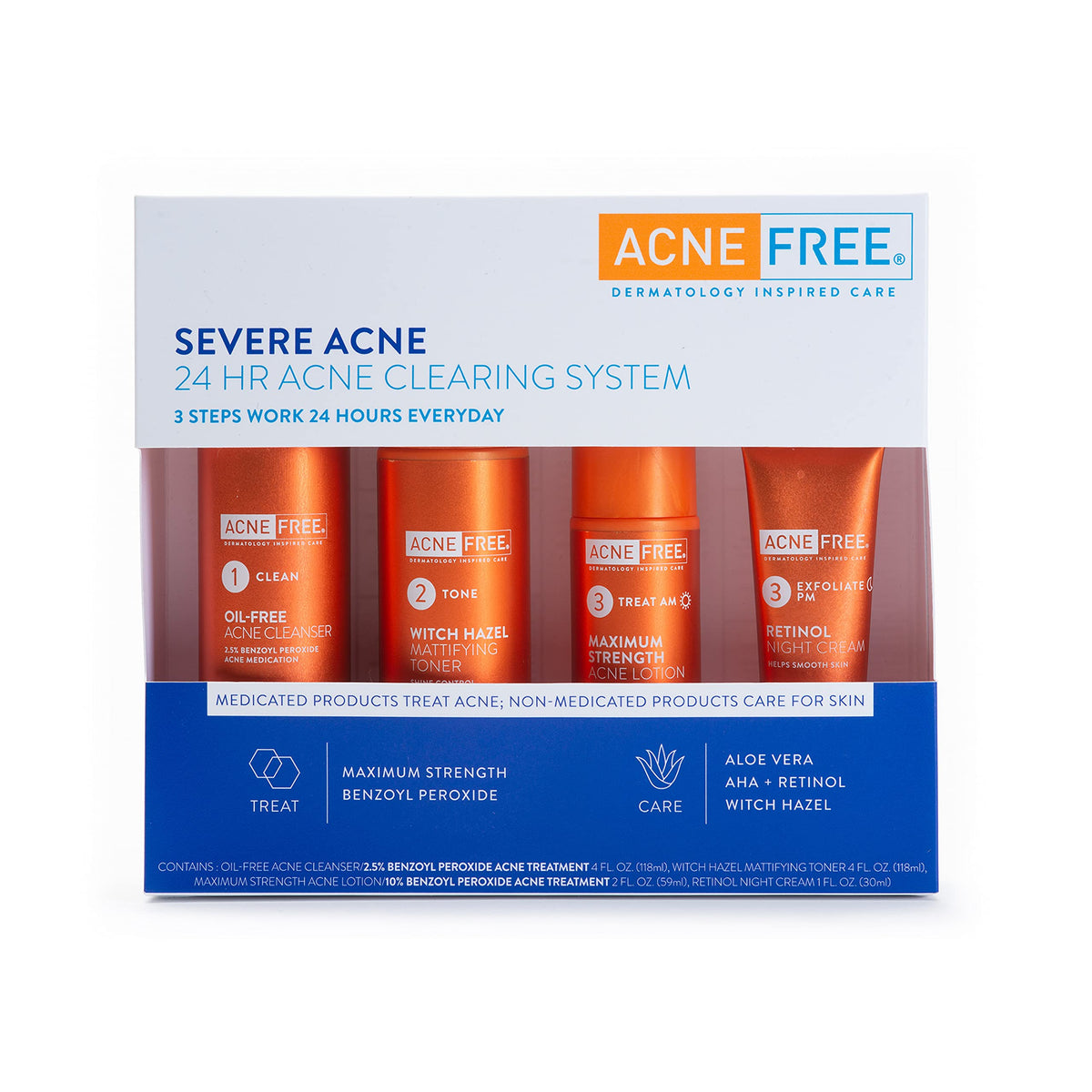 AcneFree kit front packaging showing four-step system and benefits