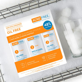 AcneFree ingredients display with witch hazel and aloe for soothing effects