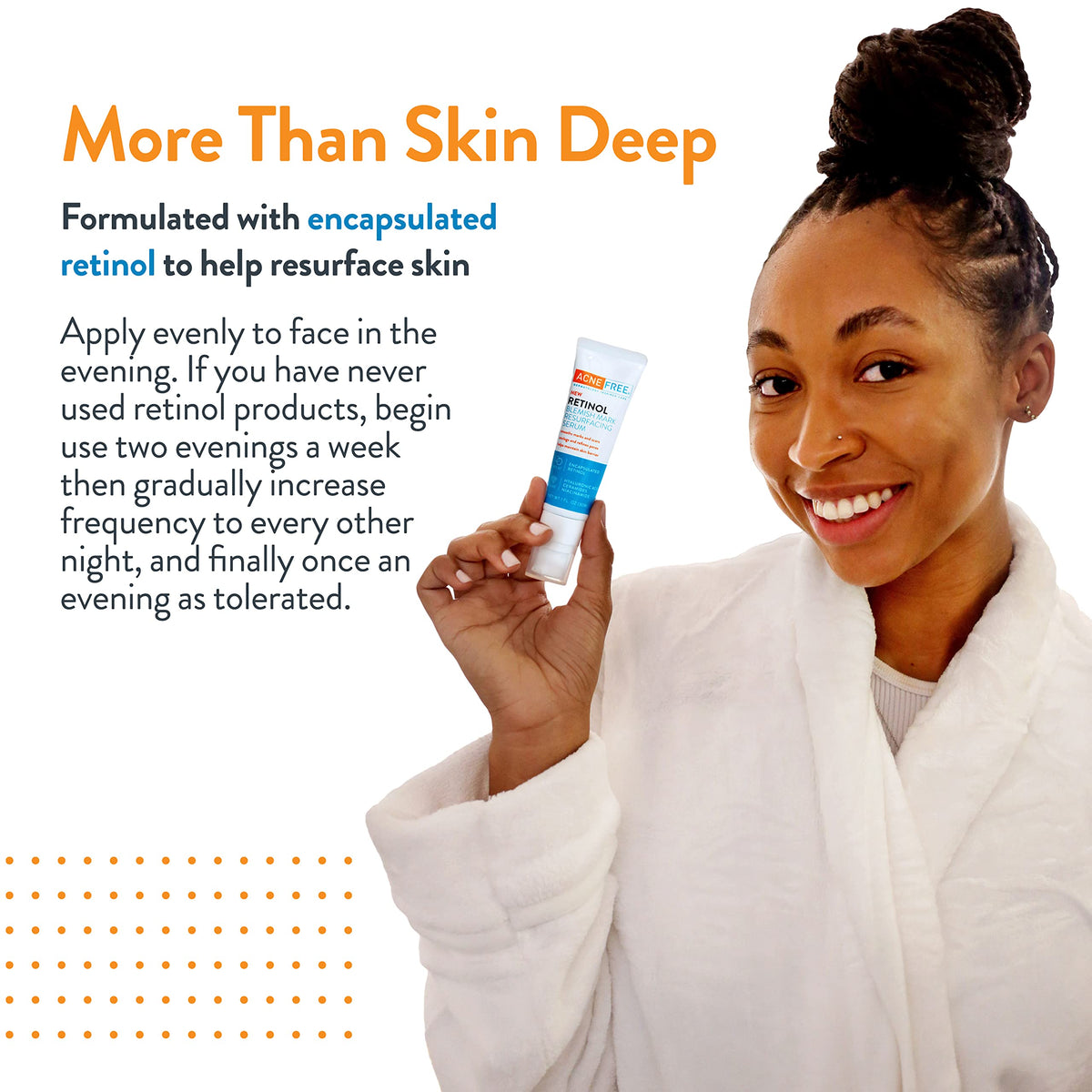 AcneFree ingredients visual highlighting retinol hyaluronic acid and niacinamide benefits