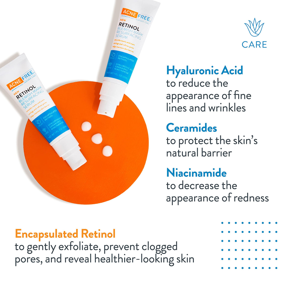 AcneFree serum texture drop on skin illustrating lightweight feel and fast absorption