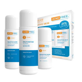 AcneFree front packaging showing the three-step sensitive skin system and clear benefits