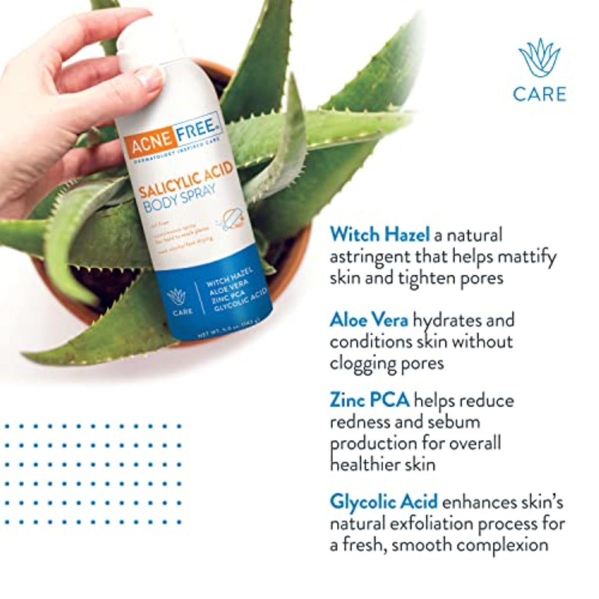 AcneFree clear texture on skin close-up, fast-drying non-sticky finish benefit