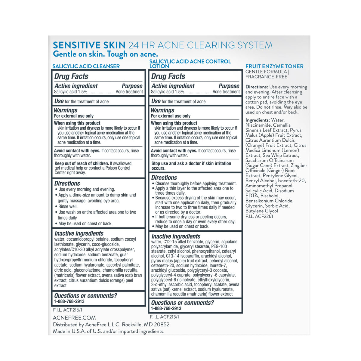 AcneFree three-step kit lined up to show cleanser, toner, and lotion for routine simplicity