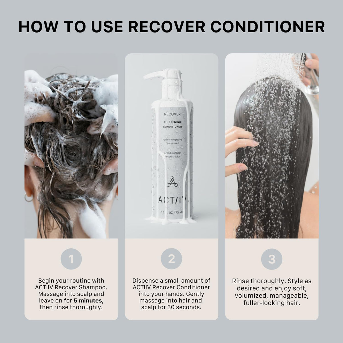 ACTIIV Recover conditioner held in hand to show 16 oz bottle scale and portability for travel