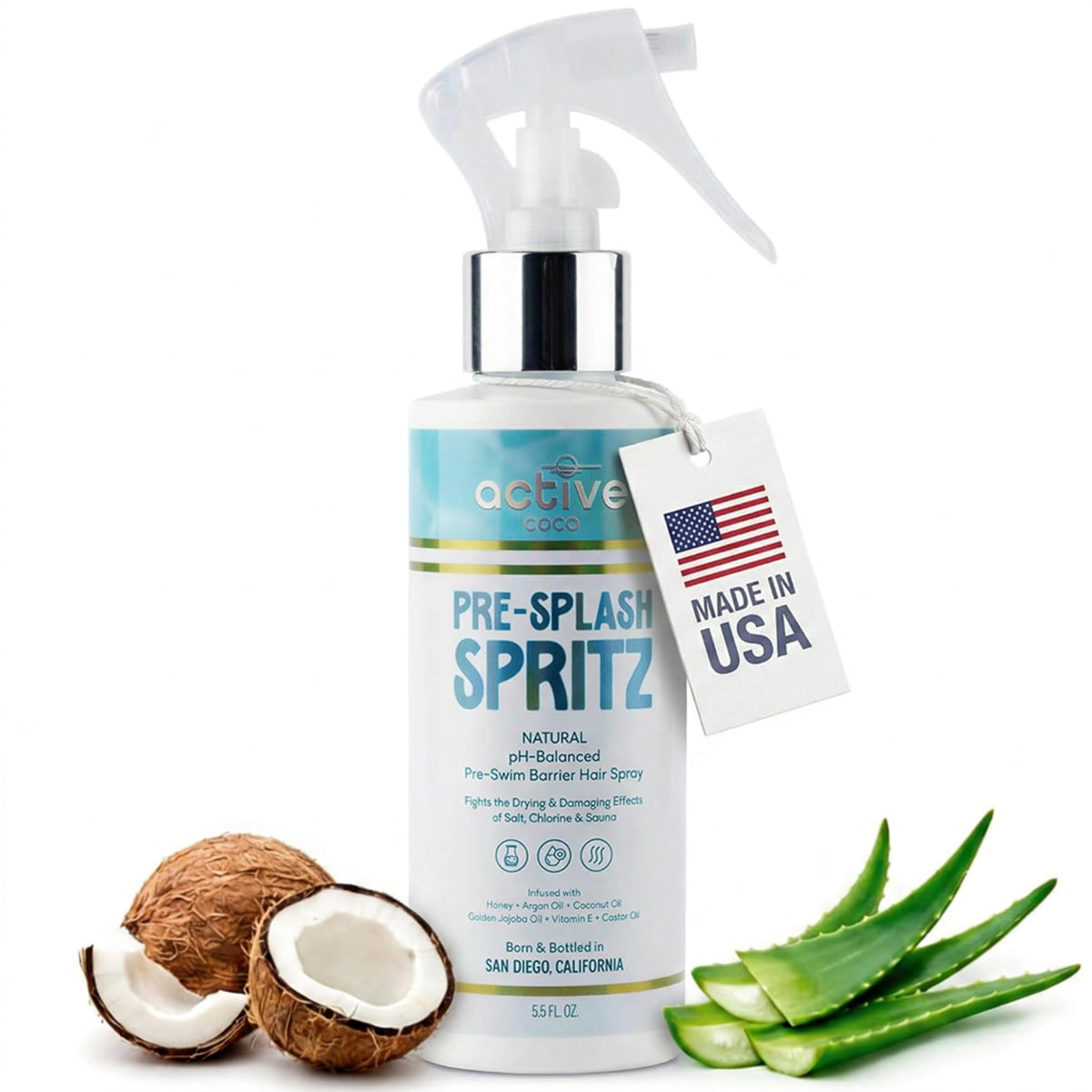 Active COCO front packaging showing bottle and label, conveys protection
