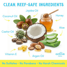 Active COCO close-up of coconut and jojoba, highlights natural nourishment