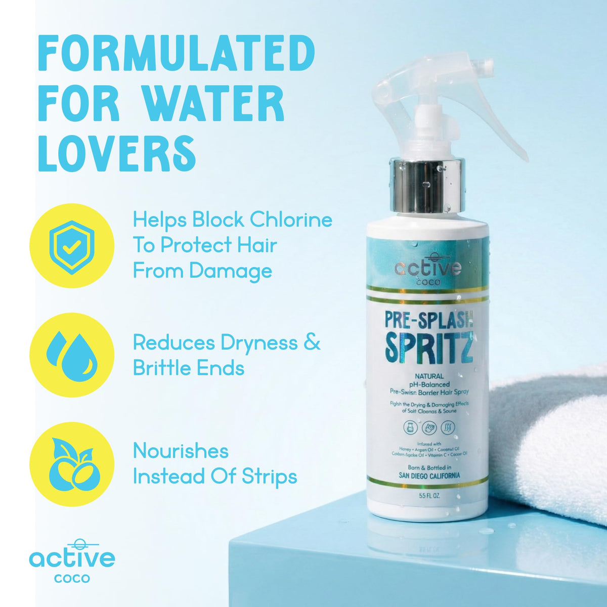 Active COCO spray action closeup misting hair, demonstrates easy application