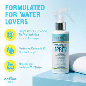Active COCO spray action closeup misting hair, demonstrates easy application