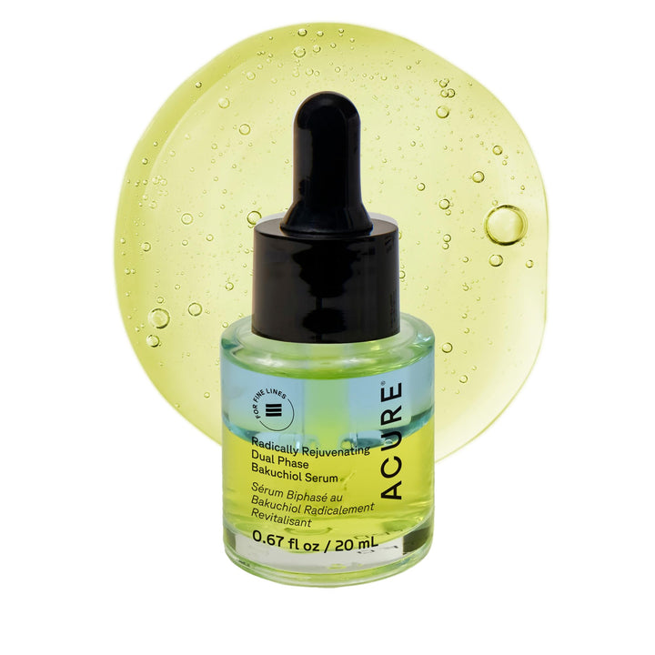Acure front packaging of bakuchiol serum shows bottle and label, promotes plant-based benefits