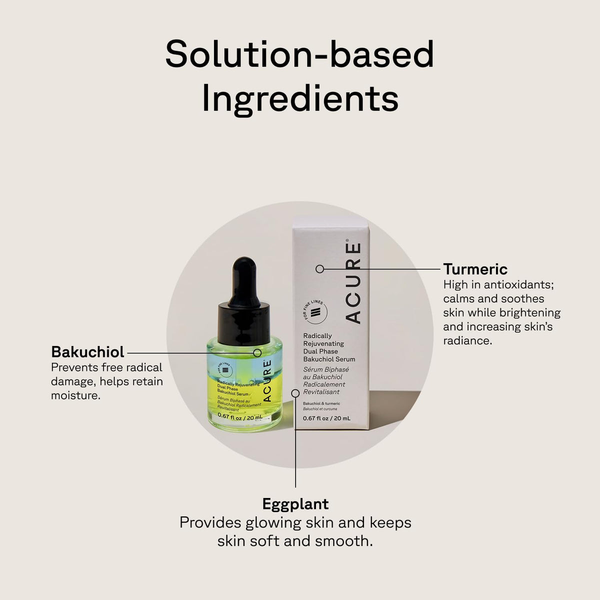 Acure botanical ingredients close-up with eggplant and turmeric, highlights antioxidant benefit