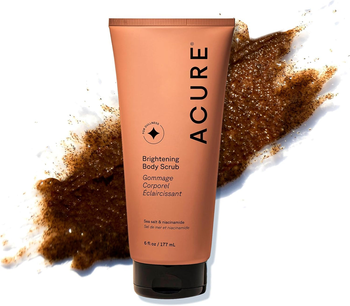 Acure jar front label showing brightening body scrub benefits