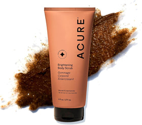 Acure jar front label showing brightening body scrub benefits