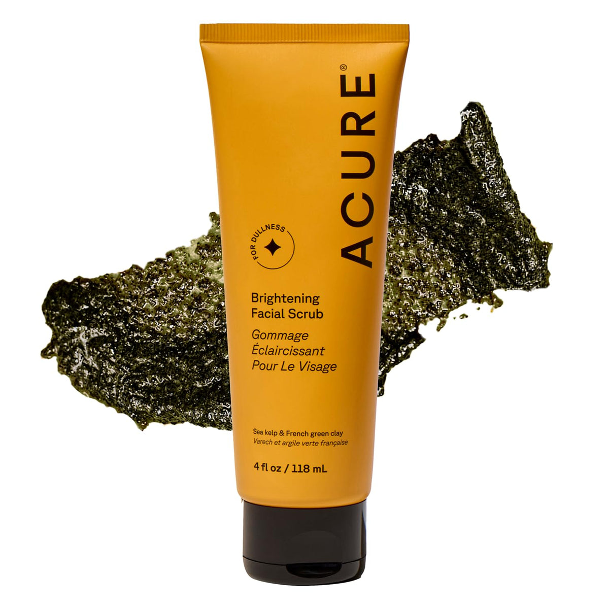 Acure scrub front tube showing label and brightening benefit