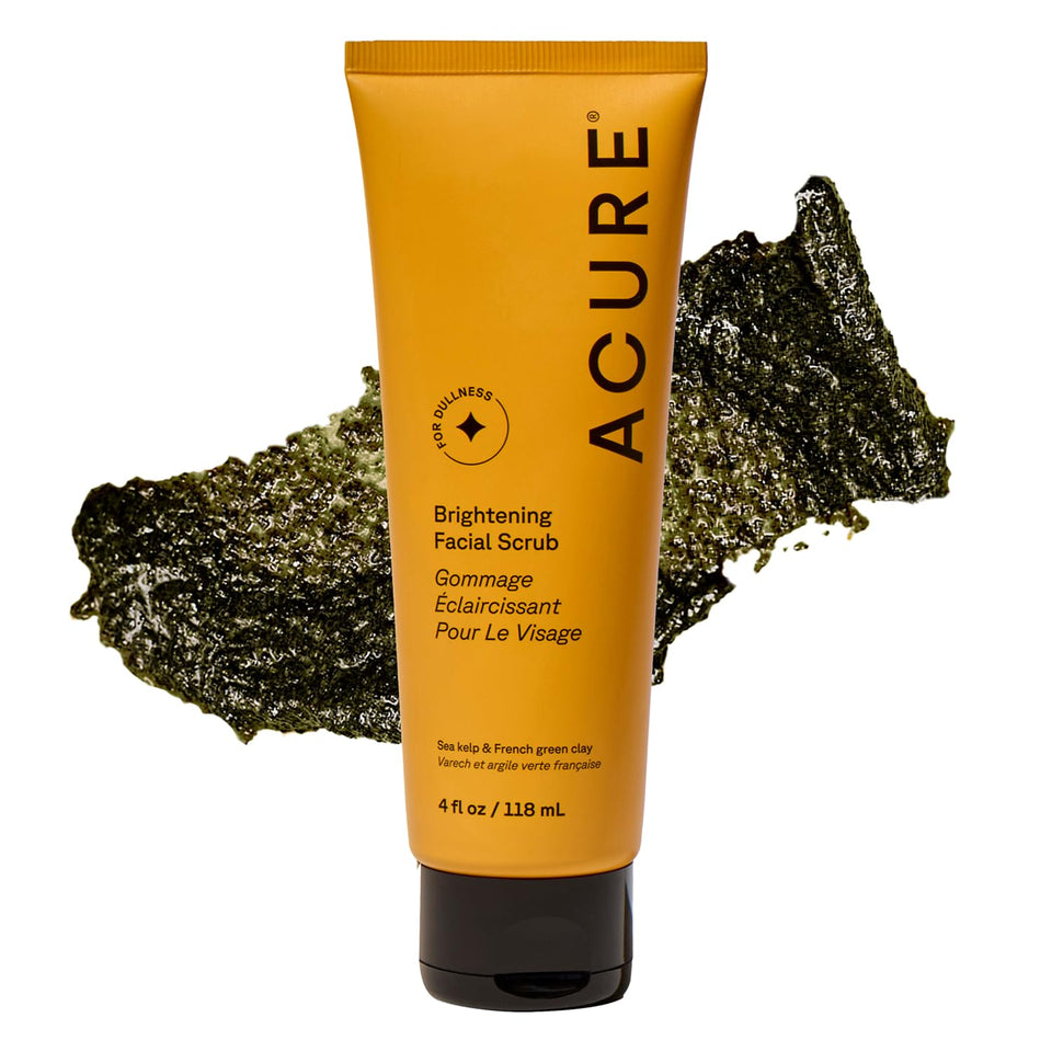 Acure scrub front tube showing label and brightening benefit