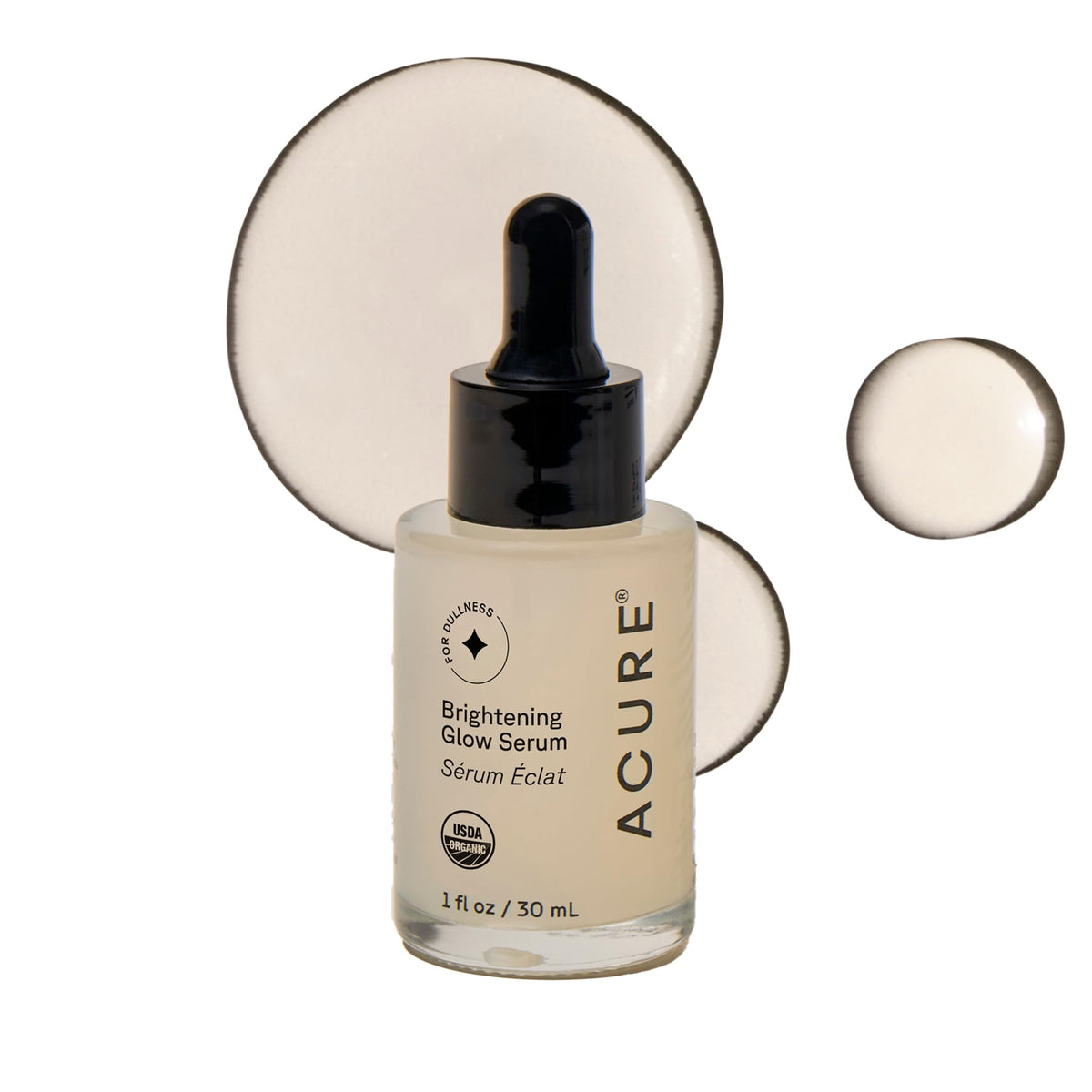 Acure brightening serum front packaging shows product and benefits